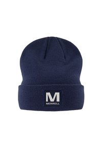 Gorro de punto azul marino con textura acanalada, que presenta un puño doblado y una etiqueta rectangular que muestra "M" y "MERRELL" en blanco.