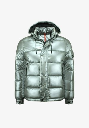 Zilveren pufferjack met een glanzende, doorgestikte afwerking. Voorzien van een afneembare capuchon, ritssluiting aan de voorkant en twee zijzakken met rits.