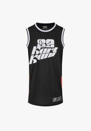 Utenermet svart basketballtrøye med hvite og røde høydepunkter. Har stor hvit grafisk tekst foran og sporty rund hals.