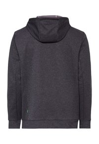 Sweat à capuche à manches longues gris foncé texturé avec un poignet ajusté et une capuche, présenté de dos sur un fond blanc.