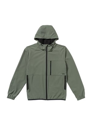 Chaqueta con capucha en verde oliva, con cierre de cremallera en el frente, puños elásticos y un bolsillo en el pecho. Fabricada con una tela suave y ligera, con un diseño elegante.