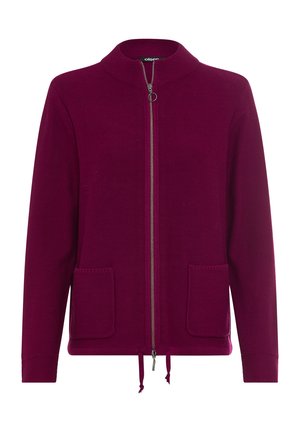 Karierte Jacke in tiefem Burgunderrot, mit gestrickter Textur, Frontreißverschluss, zwei aufgesetzte Taschen und Kordelzug am Saum. Minimalistisches Design mit hohem Kragen.