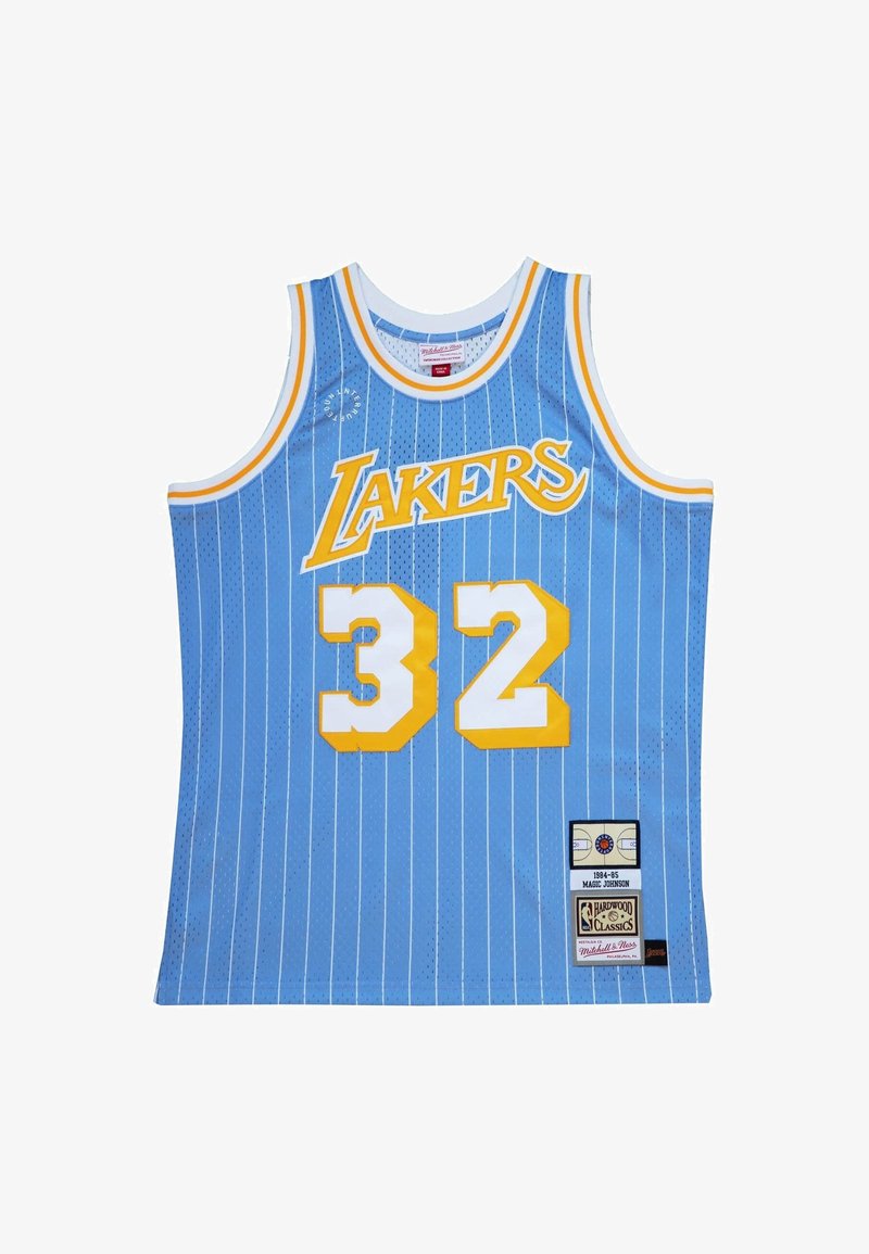 Maglia da basket dei Lakers in rete azzurro chiaro con righe sottili bianche e gialle, con la scritta "LAKERS" in giallo e il numero 32 in bianco e giallo.