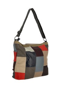 Leren schoudertas met een patchworkontwerp met beige, grijze, blauwe, rode en bruine panelen. Voorzien van een stevige band en stikdetails.
