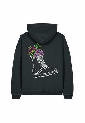 Felpa nera con cappuccio caratterizzata da un design ricamato in bianco di un stivale con fiori colorati che sbucano dalla parte superiore. Tessuto morbido, cappuccio con laccio.