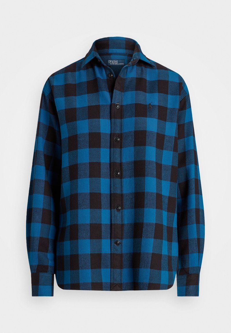 Blue and black checkered long-sleeve button-up shirt with a collar and embroidered logo on the left chest.