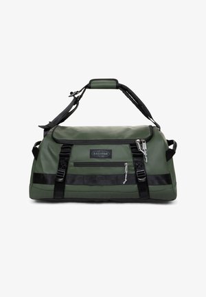 Borsa a tracolla verde in materiale impermeabile con dettagli neri, tasca frontale con zip, manico superiore e tracolla regolabile.