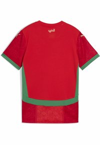 Czerwona koszulka piłkarska z zielonymi panelami i mankietami, geometryczne wzory gwiazdy na rękawach i dolnej części pleców oraz tekst arabski w okolicy kołnierza.