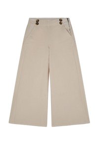 Beige brede corduroypants med lodrette striber, to frontlommer og to knapper i taljen. Glat tekstur, afslappet pasform.