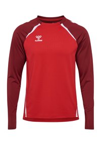 Langärmliges Sporthemd in Rot mit burgunderfarbenen Schultern. Besitzt weiße Akzente an den Seiten und ein Logo auf der Brust. Hergestellt aus glattem, atmungsaktivem Stoff.