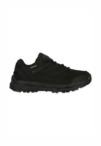 Schwarze wasserdichte Wanderschuhe mit einem Mesh-Obermaterial, strukturierter Gummisohle und flachen Schnürsenkeln. Sie verfügen über einen gepolsterten Schaft und eine verstärkte Zehenkappe.