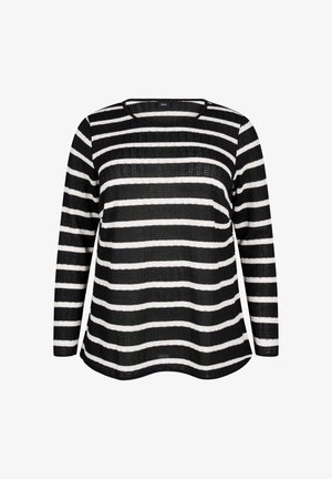 Sort og hvid stribet langærmet bluse med rund halsudskæring, der har en løs pasform og tekstureret stof.