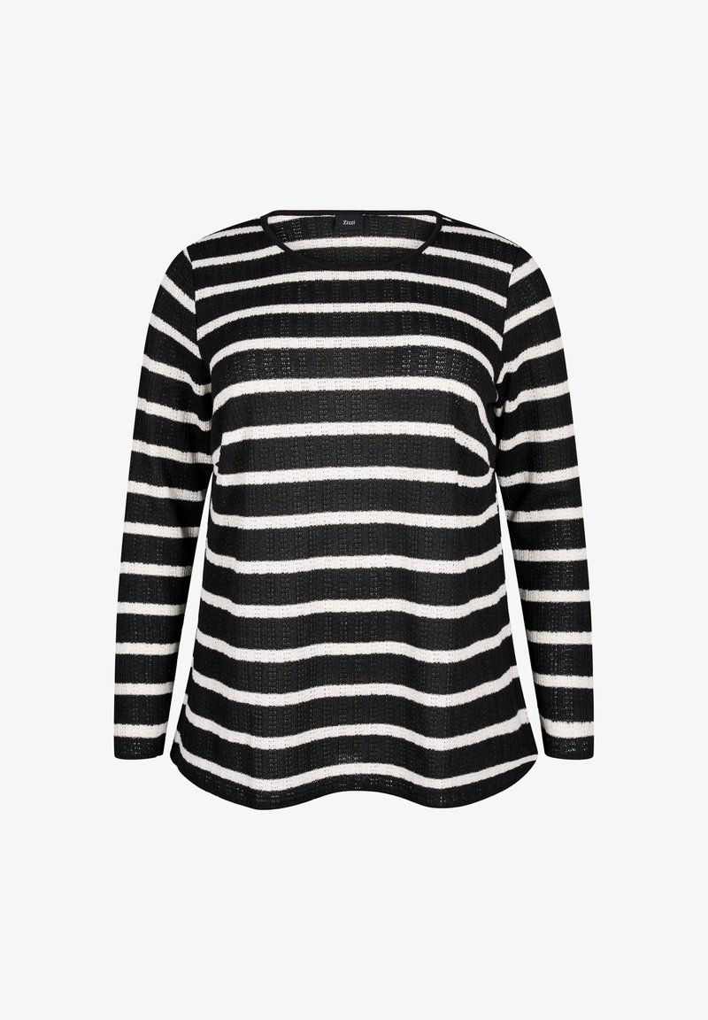 Sort og hvid stribet langærmet bluse med rund halsudskæring, der har en løs pasform og tekstureret stof.