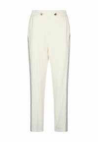 Pantalons crème avec une coupe décontractée, dotés d'une taille élastique, de deux boutons décoratifs et de bandes latérales noires pour le contraste.