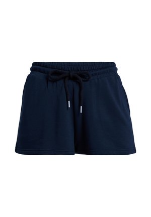 Pantaloncini in cotone blu navy con fascia elastica in vita, coulisse frontale e tasche laterali. Il tessuto è morbido con una texture liscia.