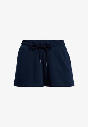 Pantaloncini in cotone blu navy con fascia elastica in vita, coulisse frontale e tasche laterali. Il tessuto è morbido con una texture liscia.