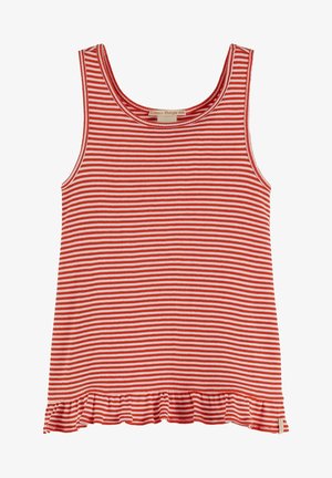 Haut sans manches à rayures horizontales rouges et blanches avec un ourlet volanté et un col rond.
