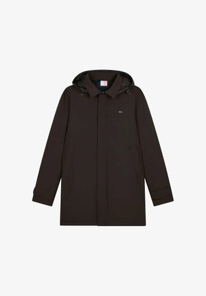Manteau imperméable marron avec capuche, doté d'une fermeture éclair frontale, de deux poches latérales et d'un logo discret sur la poitrine. Texture lisse.