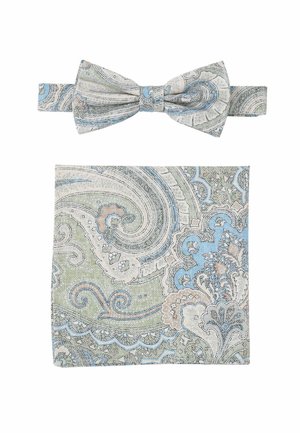 Paisley-patterned bow tie and pocket square set made of textured fabric in green, blue, and light pink hues.