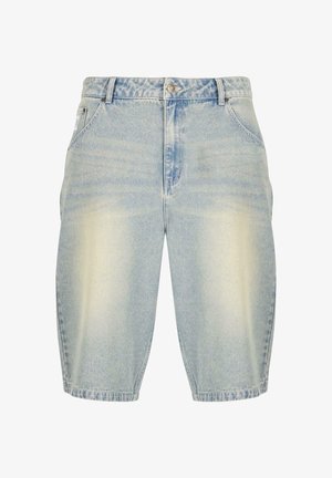 Gai zilo denimu šorti ar izbalējušu krāsu, ar klasisku piecu kabatu dizainu, jostu cilpām un taisnu piegriezumu.