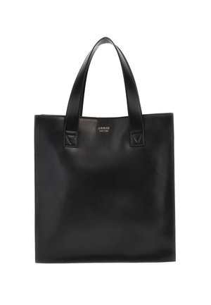 Sac cabas en cuir noir avec deux poignées et petit logo "GUESS EST 1981" embossé au centre avant.