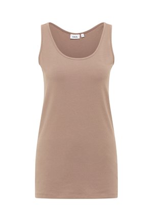 Top senza maniche beige con scollatura rotonda, taglia piccola, realizzato in un tessuto liscio, etichetta del marchio "CECIL" all'interno del colletto.