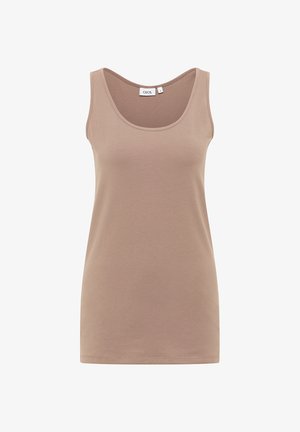 Beżowy top bez rękawów z okrągłym dekoltem, rozmiar mały, wykonany z gładkiego materiału, metka marki "CECIL" na wewnętrznej części kołnierza.