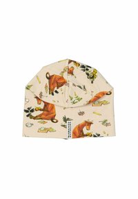 Beanie-kypärä joustavasta kankaasta, beige ja värikkäillä lehmäkuvioilla, taitettu reuna ja etiketti, jossa on brändin nimi.