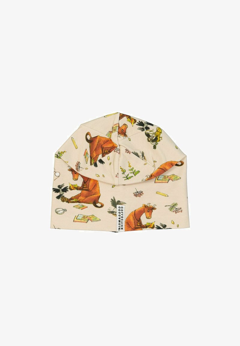 Beanie-kypärä joustavasta kankaasta, beige ja värikkäillä lehmäkuvioilla, taitettu reuna ja etiketti, jossa on brändin nimi.