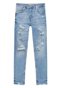 Jean skinny bleu clair avec plusieurs déchirures usées sur l'avant des cuisses et les genoux, design à cinq poches et fermeture à boutons.