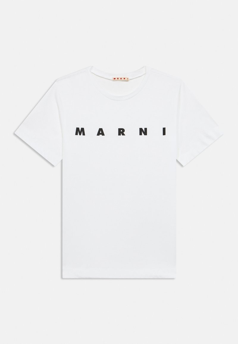 T-shirt branca de algodão com gola redonda, mangas curtas e a palavra "MARNI" em letras maiúsculas pretas na frente.