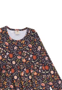 Langärmliges Baumwollkleid mit einem marineblauen Hintergrund und mehrfarbigen Blumenmustern, weicher Textur und gerafftem Rockdetail.