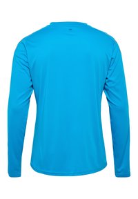 Langarmshirt in heldere blauwe kleur, gemaakt van gladde, lichte stof. Heeft een ronde halslijn en een eenvoudig ontwerp zonder versieringen.