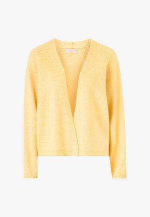 Zachte gele gebreide cardigan met lange mouwen en een open voorkant, met geribbelde boorden en zoom.