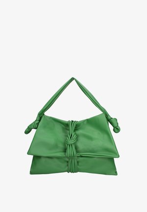 Borsa a tracolla verde in pelle con manico annodato e design piegato, dotata di una chiusura centrale a torsione e una superficie liscia e lucida.