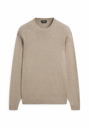 Maglione beige a maniche lunghe con scollo rotondo, polsini e orlo a coste, realizzato in morbido tessuto a maglia.