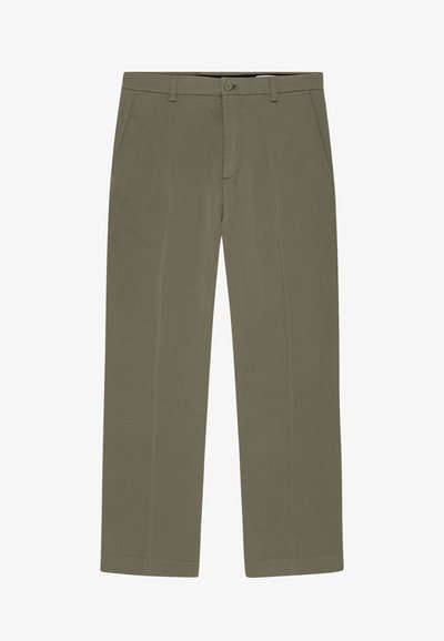 Olivgrüne Hose mit geradem Bein, aus leichtem Stoff gefertigt. Verfügt über Seitentaschen und einen einzelnen Frontknopfverschluss.