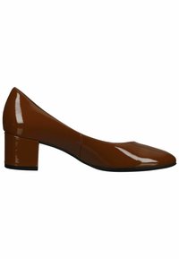 Bottillon en cuir verni brun avec un talon carré et un bout arrondi, présentant une surface lisse, une légère pente à l'arrière et un talon robuste.
