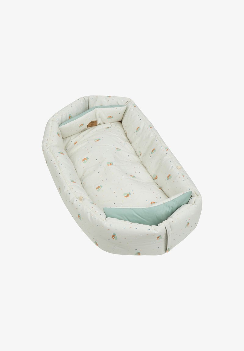 Pet bed with a soft, padded design in cream fabric featuring colorful patterns of small animals and splashes. Includes a light green pillow.