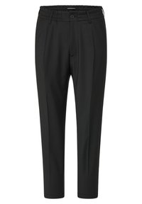 Pantalones ajustados negros con cintura elástica, cierre frontal de botón y pinzas. Tejido suave sin patrones ni acentos visibles.