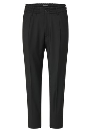 Pantalones ajustados negros con cintura elástica, cierre frontal de botón y pinzas. Tejido suave sin patrones ni acentos visibles.