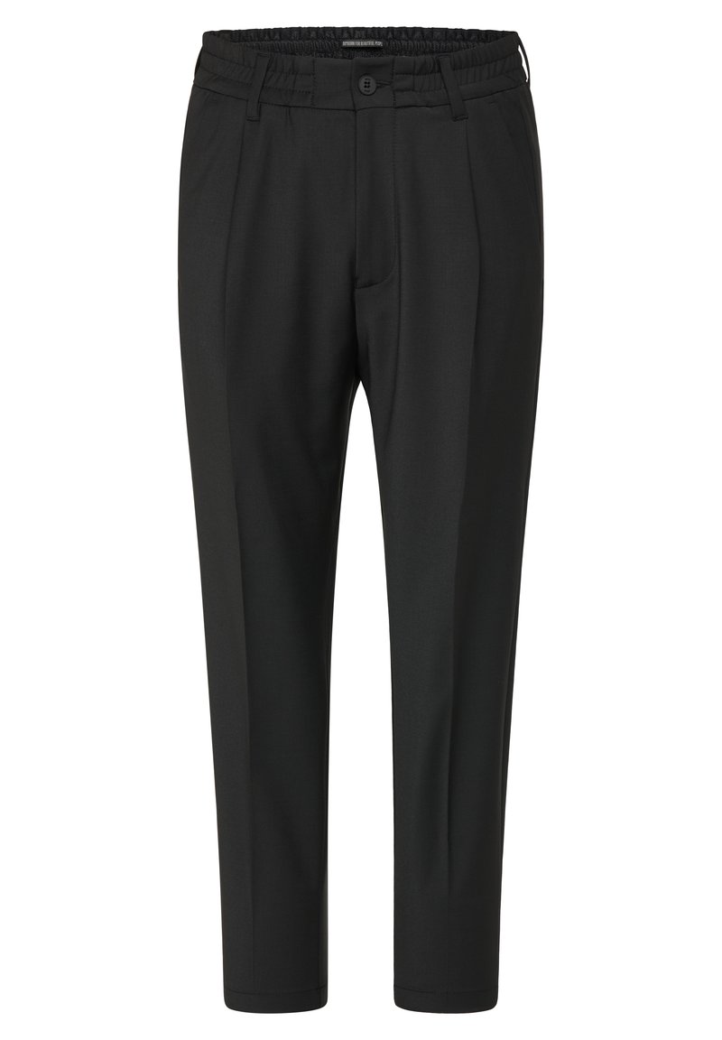 Pantalones ajustados negros con cintura elástica, cierre frontal de botón y pinzas. Tejido suave sin patrones ni acentos visibles.