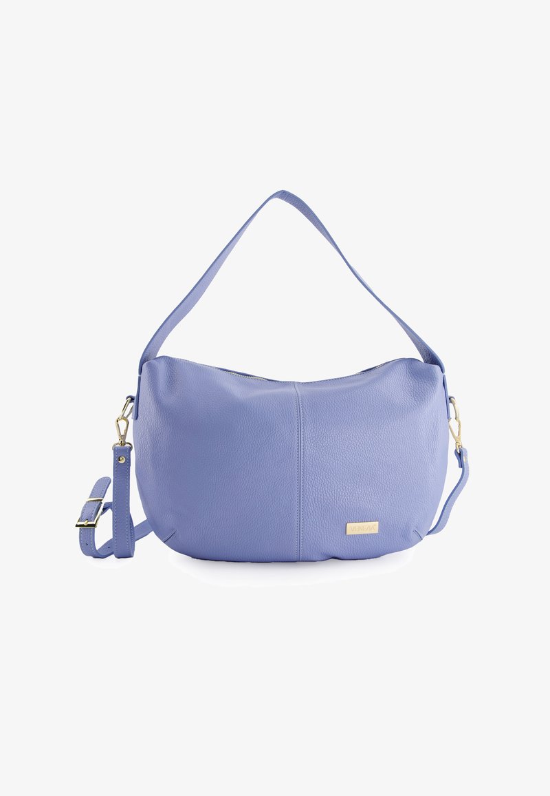 Purple leather shoulder bag with a textured finish, features a single shoulder strap and adjustable crossbody strap, gold hardware accents.