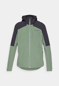 Veste zippée verte et gris foncé, dotée d'une capuche, d'un design à panneaux contrastés et de poignets ajustables. Fabriquée en matériau léger et respirant.