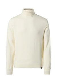 Suéter de cuello alto color crema hecho de un suave tejido acanalado. Presenta mangas largas y una silueta ceñida con una sutil etiqueta de la marca en el bajo.
