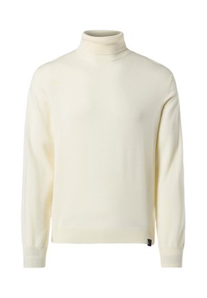 Maglione a collo alto color crema realizzato in morbido tessuto a costine. Presenta maniche lunghe e una silhouette aderente con una discreta etichetta del marchio sull'orlo.