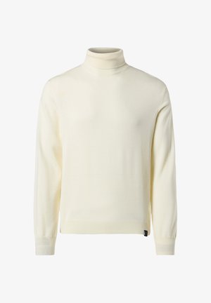 Cremfarbener Rollkragenpullover aus weichem, geripptem Stoff. Mit langen Ärmeln und einer figurbetonten Silhouette, die mit einem dezenten Markentag am Saum versehen ist.