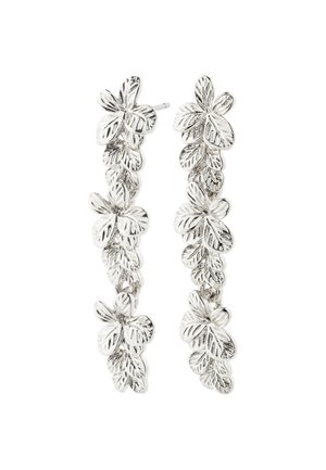Silver earrings designed with a leaf pattern, featuring interconnected floral elements with detailed engraving and a polished finish.