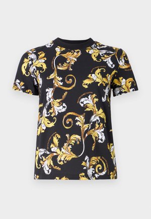 Black T-shirt with short sleeves featuring intricate yellow and white floral patterns. Soft fabric, round neckline, and straight hem.