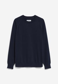 Pull bleu marine à manches longues avec col ras du cou, poignets et ourlet côtelés, posé à plat sur un fond blanc.